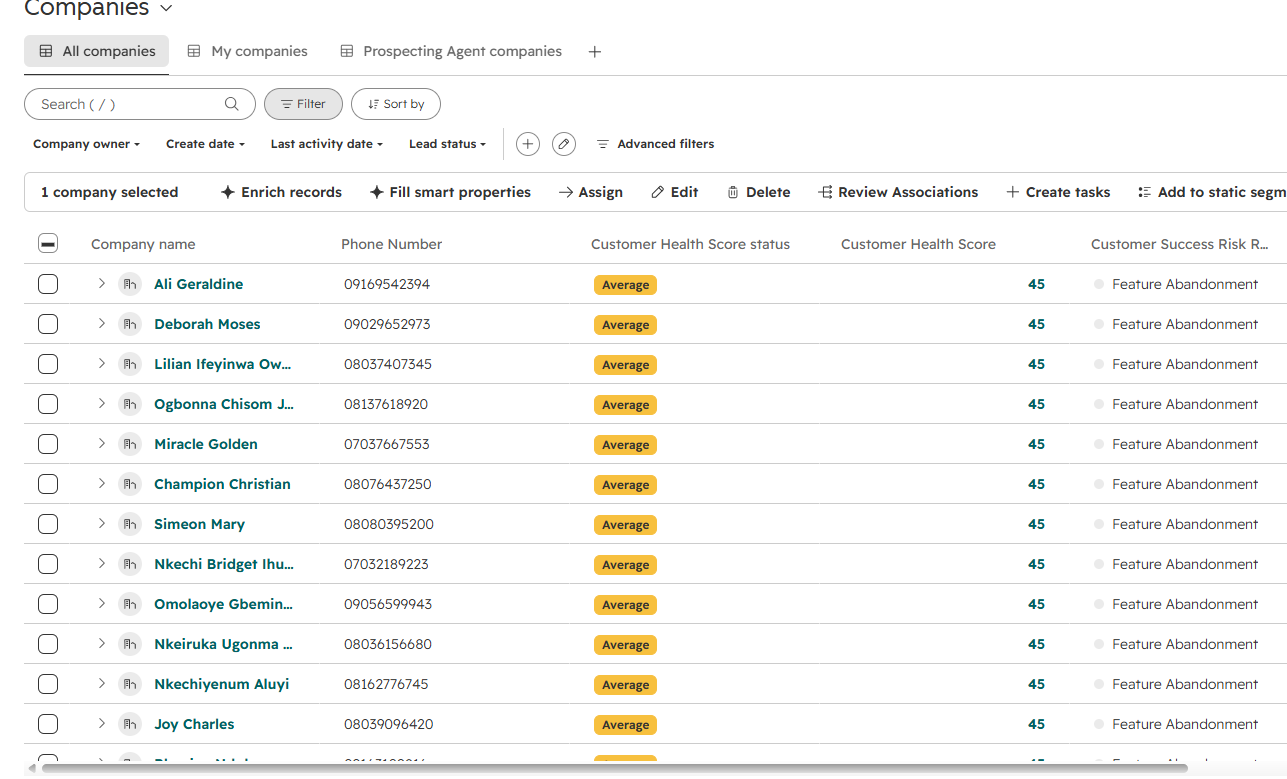HubSpot companies list where each account shows Average health status, a score of 45 and Feature Abandonment as the risk reason