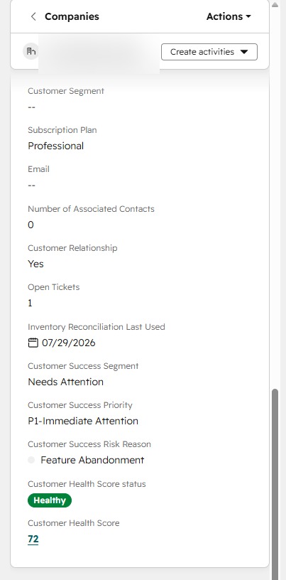 Privacy-safe HubSpot account record showing health, priority and feature-abandonment risk