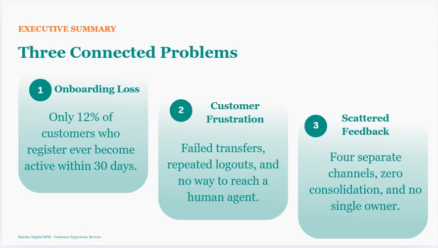 Sunrise Pocket executive summary slide showing three connected problems: onboarding loss, customer frustration and scattered feedback