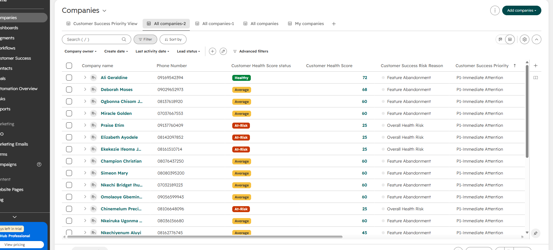 HubSpot companies view filtered to P1 Immediate Attention showing feature abandonment and overall health risk reasons