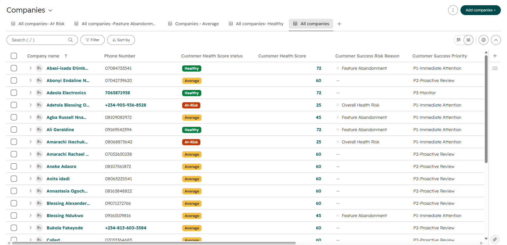 HubSpot companies table with health status, health score, risk reason and Customer Success priority columns