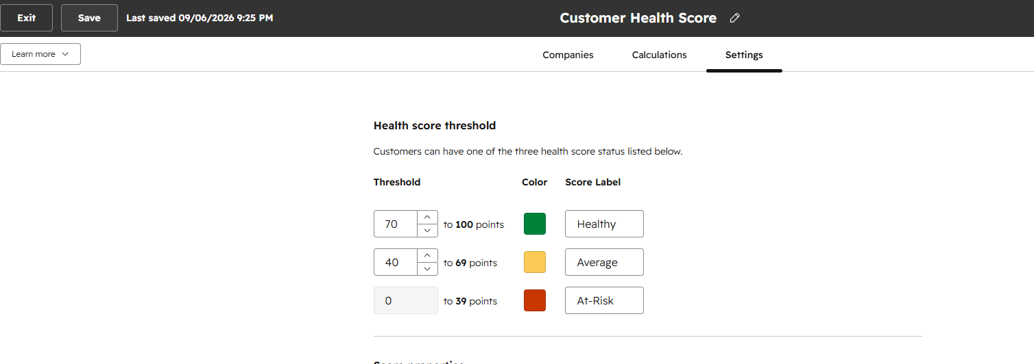 HubSpot Customer Health Score settings showing three score thresholds with colours and labels Healthy, Average and At-Risk