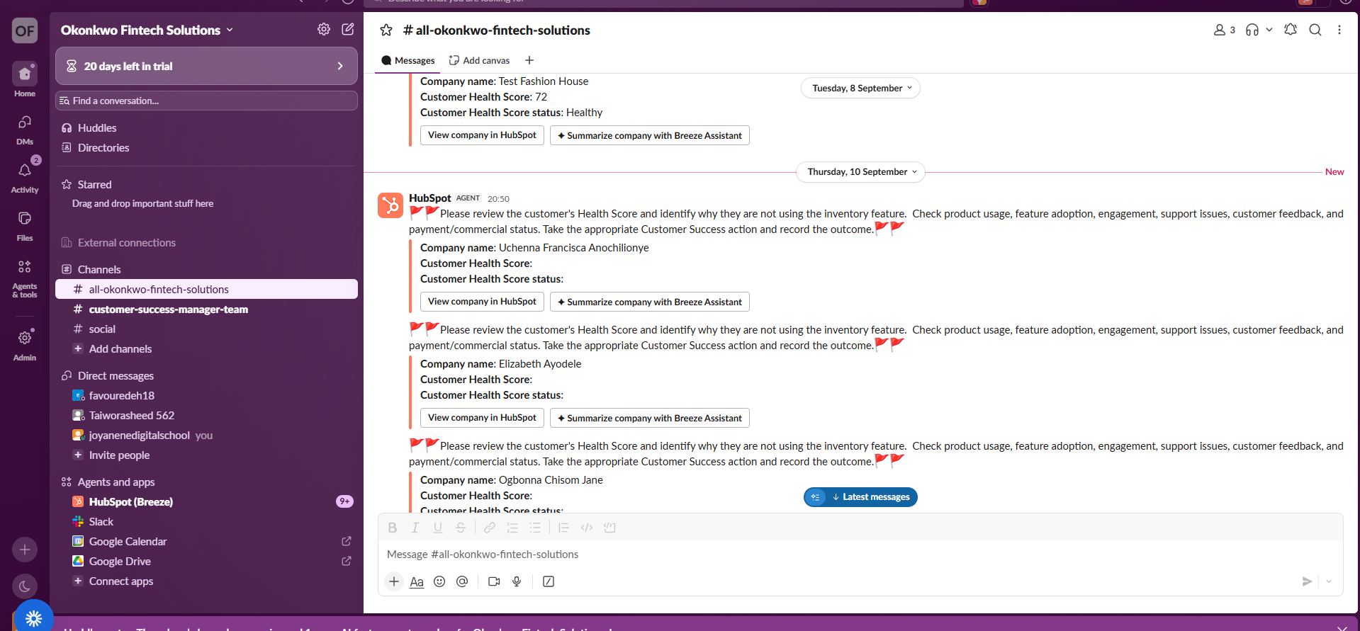 Slack channel receiving HubSpot alerts asking the Customer Success team to review a customer's health score and feature usage