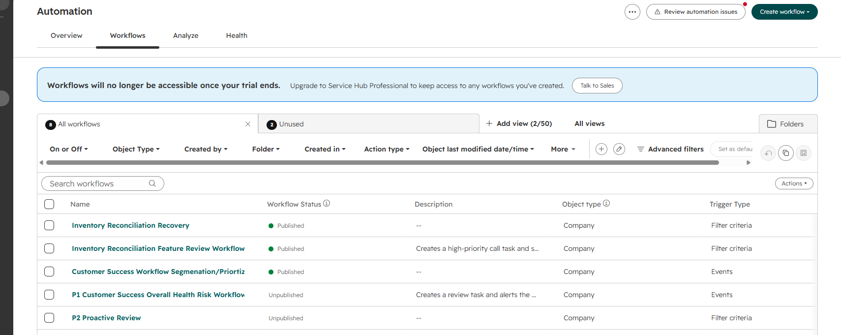 HubSpot automation workflow list including inventory reconciliation recovery, feature review, segmentation and risk workflows